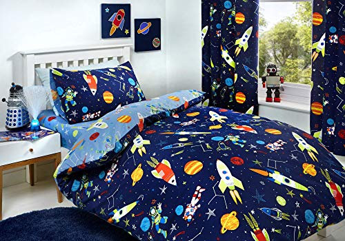 Bedlam - Housse de Couette Glow in The Dark Outer Space & Rocket - 135 x 200cm - 1 taie d'oreiller - Motifs réversibles - Housse de Couette Univers pour garçons - Galaxies & Planètes - Supersonique