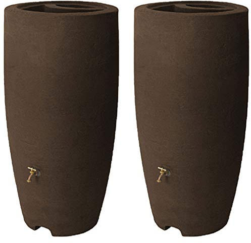 Algreen Athena 80 Gallon Plastic Outdoor Rain Barrel with Brass Spigot and Screen Guard for Rain Water Collection and Storage, Brownstone (2 Pack)