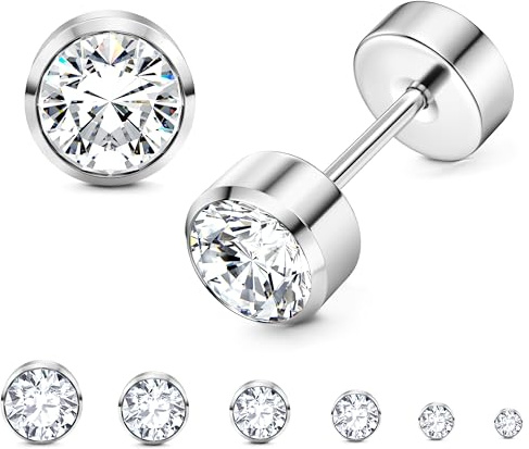LOLIAS 6 Pares Acero Inoxidable CZ Aretes para Mujeres Niñas Pendientes Cartílago Pequeño Redondo Rosca Pendientes Regalo para Mujeres 3-8 MM