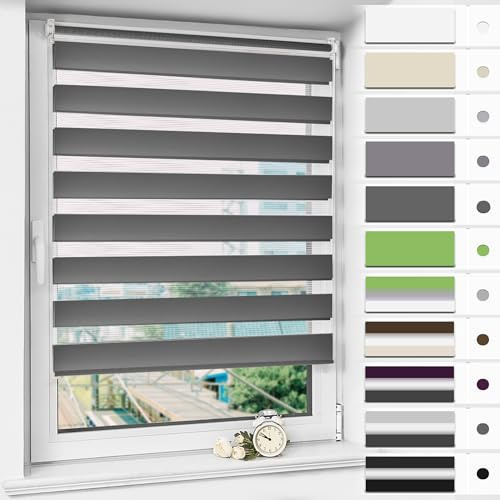 Magiea Doppelrollo Klemmfix ohne Bohren & mit Bohren, Anthrazit B90 x H120 cm Stoffbreite 86 cm, Klemmrollo lichtdurchlässig und Blickdicht, Fensterrollo Sonnenschutzrollo für Fenster