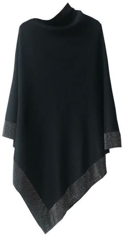 Dzhzuj Glänsande kvinnors ull strass sjalar sjalar för kvinnor lätta sjalar och wraps för aftonklänningar, damer oregelbunden lös stickad halsduk poncho tröja (L, svart)
