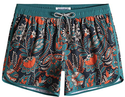 MaaMgic Short de Bains Homme Maillot de Bain Court 4 Way Stretch Vintage 80 90 Séchage Vite pour Vacance a la Plage,Fleur Artistique Orange Bleu,L