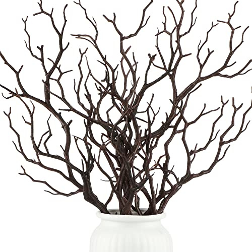 Geosar 13.8 Inch Small Manzanita Branches Plastic Faux Branches Artificial Antler Shaped Tree Branch Decorative Plant Twigs for Home Wedding Table Centerpiece Festival Decors(Dark Brown,10 Pieces)
