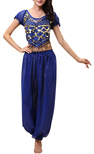 Oneyijun Trajes de Danza del Vientre para Mujer Parte Superior de Baile y Pantalones de Linterna Traje de Bailarina Profesional de Carnaval