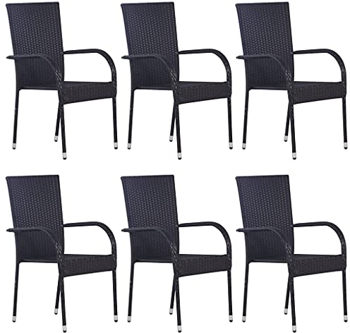 KOIECETA Gartenstuhl Stapelbar Gartensessel Stapelstuhl Essstuhl Stapelsessel Stuhl Sessel Stühle Gartenmöbel Terrasse Grau Poly Rattan (Schwarz, 6X), V4646