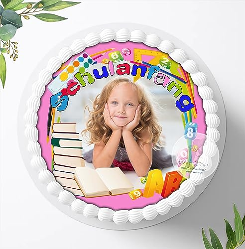 Für die Schulanfangs Torte, Zuckerbild zum Schulanfang Personalisiert mit Wunschbild, Essbares Foto für Torten, Fondant, Tortenaufleger Ø 20cm, 0200w.