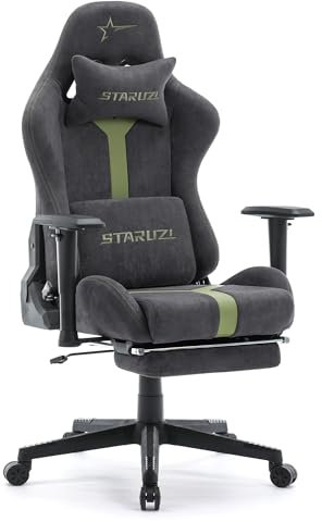 STARUZI Ergonomischer Gaming Stuhl mit 6D verstellbaren Armlehnen - Kunstleder, PC Gamer Stuhl mit Fußstütze, atmungsaktiver Spielstuhl mit 90-155° Neigung Grau-Grün
