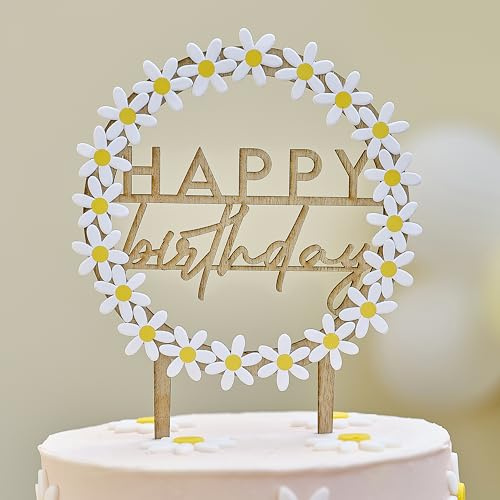 Ginger Ray Wooden 'Happy Birthday' Cake Topper with Paper Daisies Trim and Wooden Picks 17.8cm