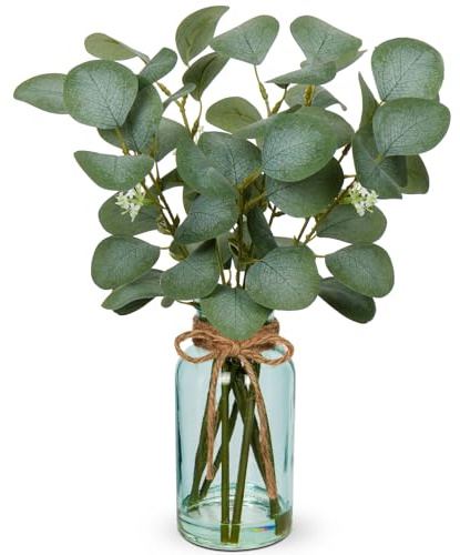 35 cm Künstliche Eukalyptus Zweige mit Blau Glasvase, Eukalyptus Kunststoff Pflanze Eukalyptus Künstliche Pflanzen Realistische Eukalyptus Deko Silberdollar für Hochzeit Tischdeko Büro Wohnzimmer
