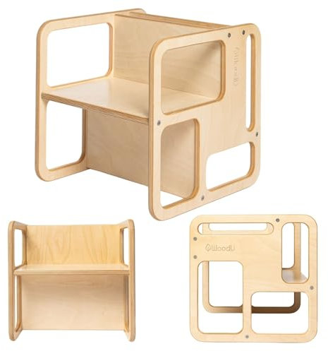 WoodU Sitzbank für Kinder aus Naturholz | Kindersitzbank durch Drehen als Kindertisch oder Kinderstuhl verwendbar | Multifunktionsbank H 42cm x B 42cm x L 42cm | Hochwertiges Holz | Made in EU