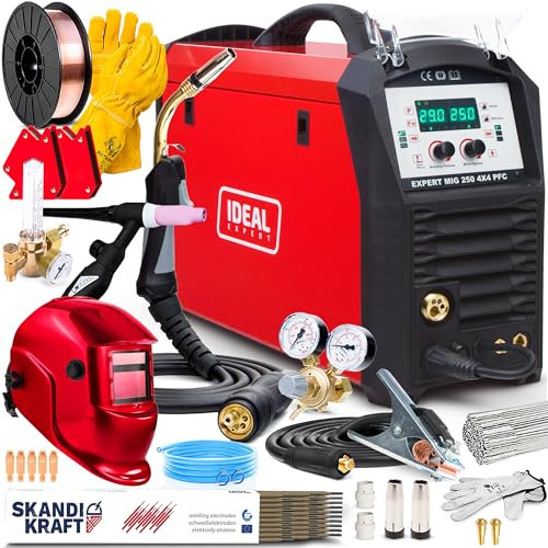 Ideal Expert MIG 250 PFC - 250A poste a souder mig avec gaz et en synergie - 4 roulettes - MIG/MAG, MMA, TIG Lift - soudage par points, soudobrasage - 2T/4T, mémoire de réglage - Kit professional