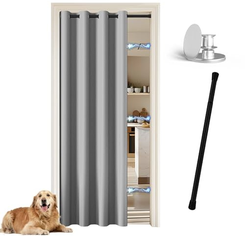 JCyh Cortina para puerta con barra y botón magnético, cortina opaca con ojales para salón, cortina interior sin agujeros, cortina de puerta gris plata + barra telescópica negra 70-125 cm