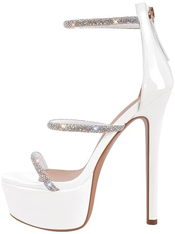 blingqueen Platform Heel for Women Crystals Sandals Stiletto High Heels Studded Rhinestone Straps Buckle Round Open Toe Heeled Sandals Ankle Strap Stilettos Zip Up Party Wedding Shoes White Size 11