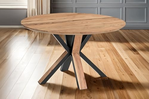SAM Esstisch Kimberly rund Ø 120 cm Akazie naturfarben Spider Holz | Esszimmertisch massiv, Schweizer Kante, Metallgestell, pflegeleichter Holztisch