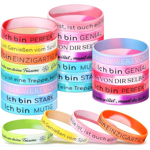 Aoriher 24 Stück Motivationsarmbänder auf Deutsch 20,3 cm Inspirierende Silikon Armbänder mit Positiven Sprüchen Motivierendes Silikonarmband Mutmacher Geschenk für Kollegen Teenager Party
