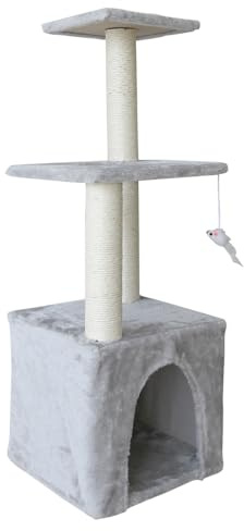 Unibos | 90cm Multi-Level Stable Cat Tree With House, Scratching Post for Indoor Cats, Climbing, Playing and Relaxation - Grey