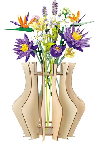 Demarsen Jarrón para flores de Lego, rompecabezas de madera, ramo de botellas, jarrón para ramo de flores, jarrón de madera para rosas, girasoles, tulipanes, flores de cerezo, regalo decorativo para
