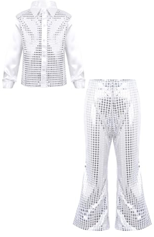 Runhomal Conjunto de Disfraz de Disco para Niña, Conjunto de Ropa y Pantalones de Baile Hip Hop Jazz, Plateado, 11-12 años