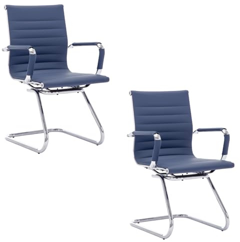 chairus Freischwinger Stühle 2er Set, PU-Leder Konferenzstuhl Blau | Besucherstuhl Ergonomischer mit Armlehnen, Moderner Schwingstuhl mit Chromgestell, Bürostühle Konferenz-Raum/Wartezimmer/Büro