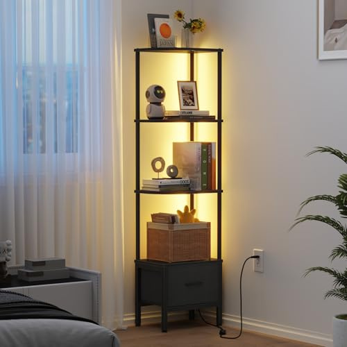 OYRREU Bücherregal mit 4 Ebenen, Regal mit LED-Beleuchtung und Stoffschublade, 147 cm schmales vitrine für Ecken, Wohnzimmer, Schlafzimmer, Eckregal, Schwarz
