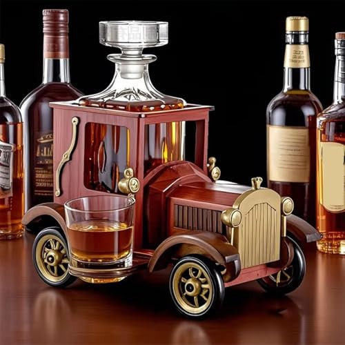 Decanter Whisky, Set Decanter Per Whisky Da 700 Ml A Tema Auto Retrò Con 2 Bicchieri Da Vino Da 90 Ml, Bottiglia Di Vetro Artigianale Con Supporto Per Auto D'epoca