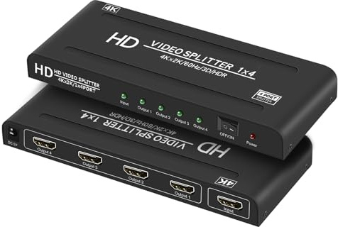 4K@60Hz 1x4 HDMI Splitter 4:4:4,18 Gbps,4 Port Powered HDMI 2.0 Splitter1 in 4 Out Support Auto Down Scaler, 4K 1080P Sync, HDR10,3D, Only Duplication/Mirror Screens (Not Extend) for HDTV/PS5
