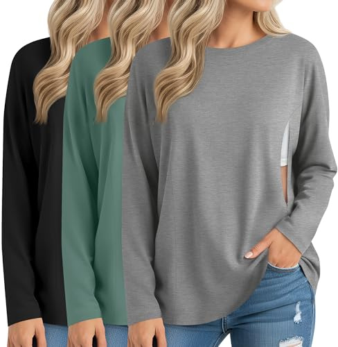 Sweetyweee 3 Pack Women's Nursing Breastfeeding Tops Long Sleeve Maternity Shirts Oversize Hidden Zipper Pregnancy Clothes(Light Gray, Light Green, Black,Medium)