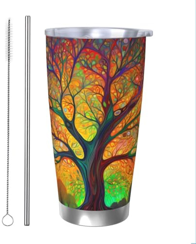 Tree of Life Colorful Leaves Tumblers 20 oz Stainless Steel Tumbler Cup Straw Two-piece Set for Adult Women Men, Travel Coffee Mug for Office Birthday Anniversary Wedding Party
