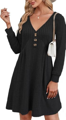 ABYOVRT Vestido Invierno Mujer 2025 Vestido de Punto de Manga Larga Cuello en V A-Line Elegante Casual Mini Dress de Otoño Invierno,Negro,XXL