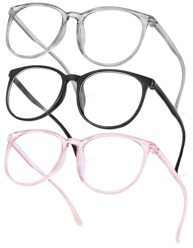 Yuwnd 3 Stück Blaulichtfilter Brille, Anti Blaulicht Blue Light Blocking Glasses Set, Rund Brillen Modebrille, Ohne Stärke Blaufilter Fake Brille für Damen Herren (Schwarz & Grau & Rosa)