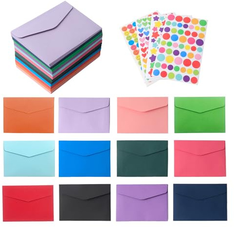 Luckwaii Mini Umschläge Bunt 120 Stück 11,5 x 8,2 cm mit 4 Blatt Aufkleber | Bunte Briefumschläge Ohne Fenster Briefumschlag Kuvert Klein Small Coloured Envelopes Umschlag für Geschenkkarte, Hochzeit