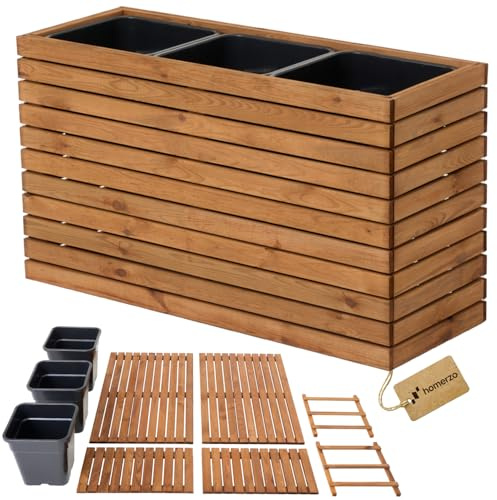 HOMERZO Jardinera de madera marrón para montar - Macetero rectangular grande para jardín y balcón - Resistente a la intemperie con inserto para plantas de 18L - Jardinera DIY para exteriores