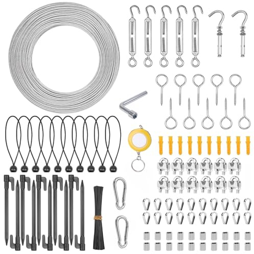 Hanured® Kit de cable acero de 60 m, Cuerda de alambre de 3mm con tensores M5, Cables de suspensión recubiertos de vinilo para guirnaldas de luces de exterior, acampada, enrejados de jardín