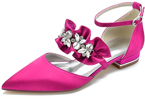 Yhsdfcn Brudskor med Volanger för Dam - Satin Ballerina Mary Jane med Strass, Spetsig Tå och Låg Blockklack,Rose red,EU42