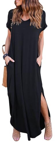 HUSKARY Maxi Robe d'été décontractée Ample à Poches Longues à Manches Courtes pour Femme - - Taille M