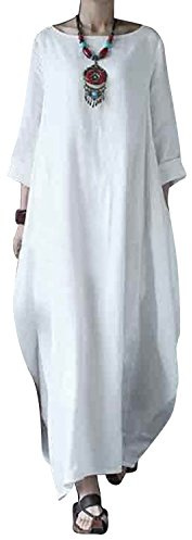 Jacansi Women Boho Beach Party Plain Cotton Linen High Low Hem Kaftan Dress (04-White, XL)