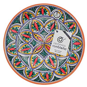 CERÁMICA RAMBLEÑA | Plato Decorativo para Colgar en Pared | Plato de cerámica | Rojo-Verde-Azul | 100% Hecho a Mano | 35x35x4.5 cm