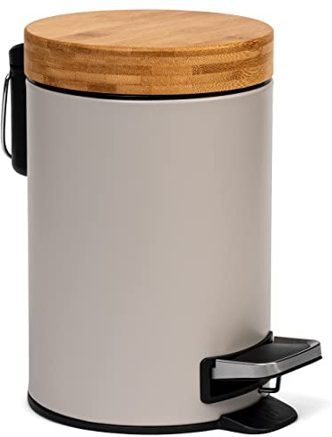 KAZAI.® 3 Liters Designer Badrum Avfallskärl - Superior Bambu | Mjuk Stängning | Finger fri | Ljusgrå (Varm)