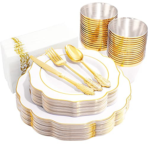NOCCUR 175PCS Gold Plastic Plates with Disposable Silverware - White Gold Plastic Tableware Include 25 Dinner /25 Dessert Plates, 75 Cutlery, 25 Cups, 25 Napkins - Ideal for Party/Wedding