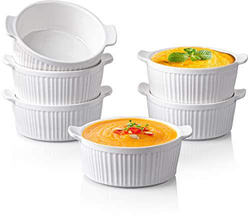 Delling Ramekins with Handle, 6 PACK Soup Bowls for French Onion Soup, Pot Pie, Lava Cakes, Creme Brulee, 6 Oz Porcelain Souffle Dish for Baking, White