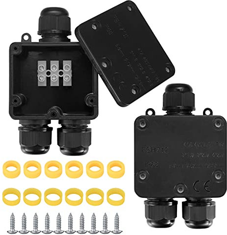 2 Pcs IP68 Waterproof Junction Box, 3-Way Outdoor Electrical Cable Wire Connectors, Extension Cable Connectors Junction Boxes with PG13.5 Glands for Ø5mm-15mm Cable - Black