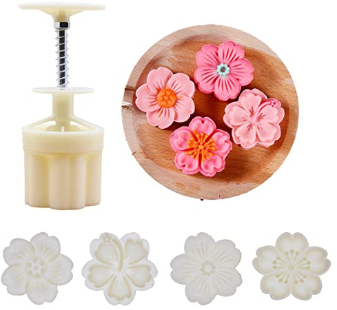 Ylskmu Moon Cake Mold Set 4pcs 75g Cookie Stamps, Cherry Blossom Floral Mid Autumn Festival DIY Hand Press Cookie Dessert Cutter Pastry Decoration Flower Impressions Tool Mooncake Maker (75g)