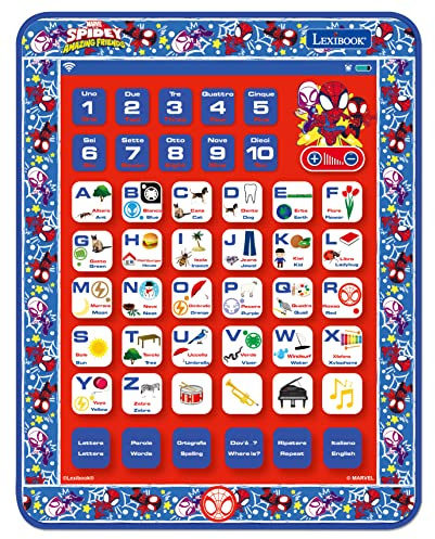 LEXIBOOK, Spidey and His Amazing Friends, Lerntablett, Lerntablett, Spielzeug zum Lernen von Alphabet, Buchstaben, Zahlen, Wörtern, Rechtschreibung und Musik, Englisch/Italienisch, Blau/Rot
