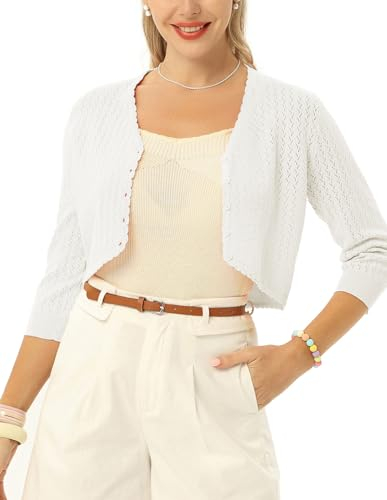 Belle Poque Damen Bolero Festlich Cardigan Kurz Damen 3/4 Arm V-Ausschnitt Strickjacke Hochzeit Party Dating Elfenbeinweiß XL