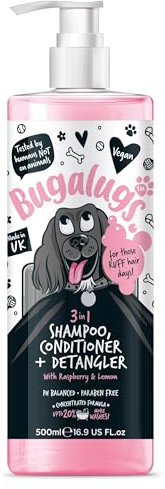 BUGALUGS Hunde-Shampoo, 3-in-1-Shampoo, Conditioner und Entwirrer, Himbeer- und Zitronenduft für stinkende Hunde, bestes Hundemantel, Welpen-Shampoo, Haustierzubehör (Shampoo, 500 ml)