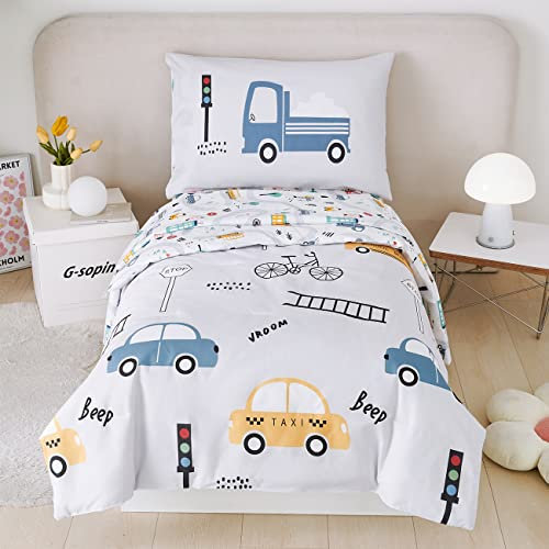 PERFEMET 4-teiliges Kleinkind-Bettwäsche-Set mit Cartoon-Autos, bedruckt, Kinderbett in einer Tasche, weich, wendbar, Autos, Bus, LKW, Kleinkinder-Bettwäsche-Set für Jungen und Mädchen, passendes