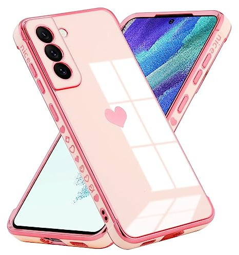 Kaywzo Fodral för Samsung Galaxy S21+/S21 Plus 5G,Galvanisering Glänsande Kiselgel Mobilskal med Hjärta Mönster,Stötskydd i Fyra Hörn,Mjuk TPU Kvinna ShockProof Skydd Cover-Rosa