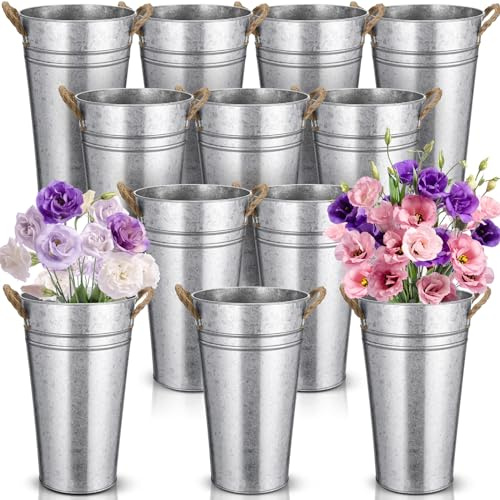 Bokon 12 Pcs 12 Inch Flower Buckets Bulk Wedding Bar Supplies Galvanized Large Farmhouse Metal Vase for Cut Flower with Handle Planter Sparkler Tin Holder French Centerpiece Florist Rustic Pail