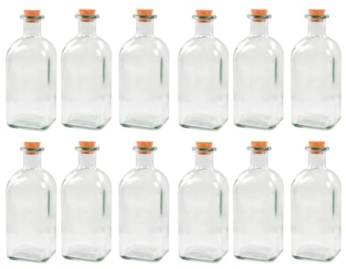 Acan Tradineur - Confezione da 12 bottiglie di vetro, con tappo in sughero, ricaricabili, design tradizionale, capacità 1 litro, liquori, vino, guardiano