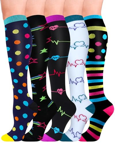 HIPOWER 5 Paar Kompressionsstrümpfe Damen und Herren Bunte Stützstrümpfe Sport Kompressionssocken Stützkniestrümpfe Reisestrümpfe Compression Sock Für Flug Radsport